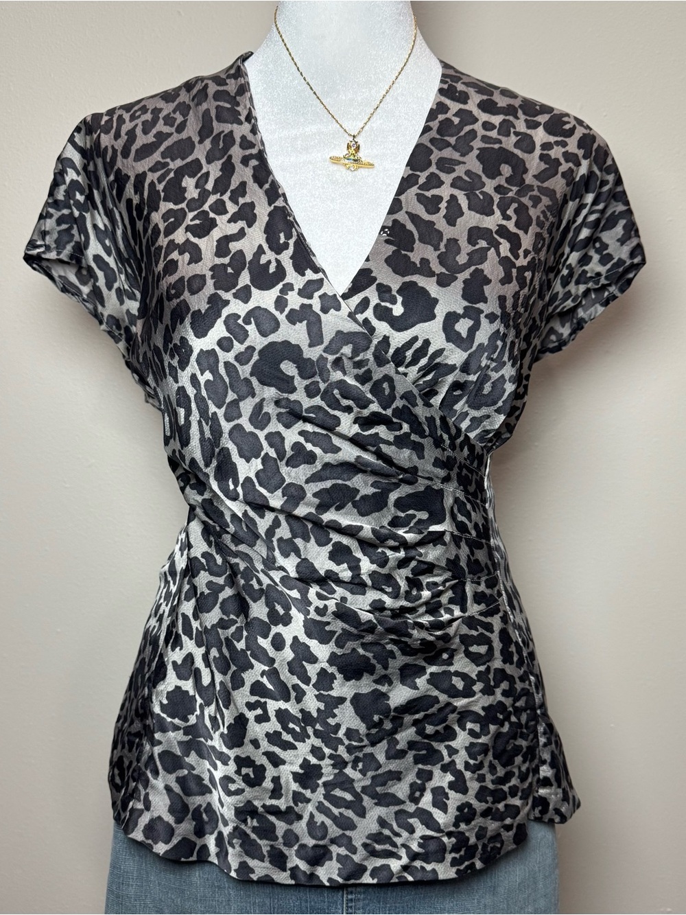 Black Silk Leopard Print V-Neck Whimsigoth Western Women’s Medium Blouse